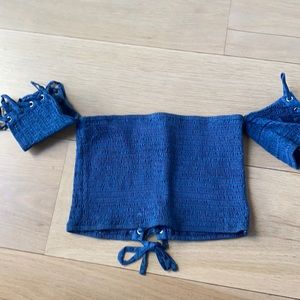 Off the shoulder blue tie top